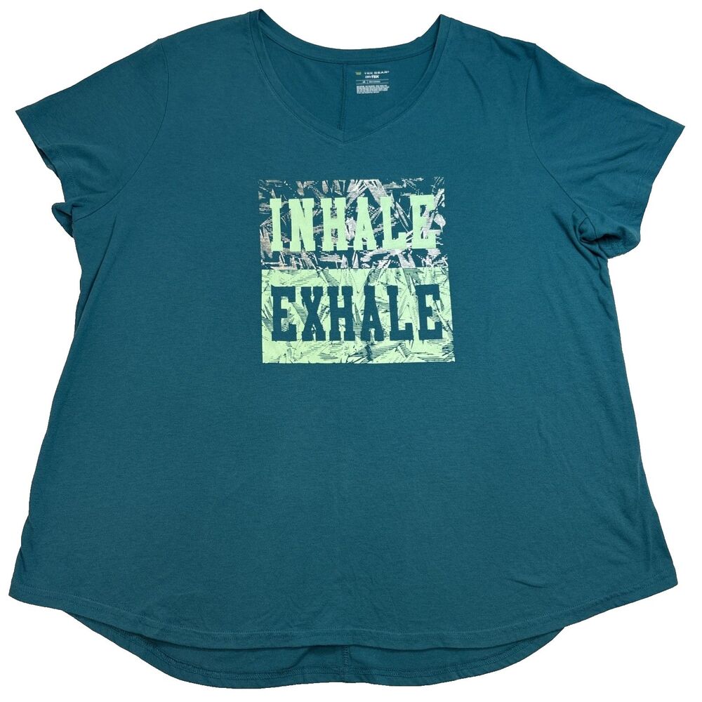 Tek Gear Dry Tek Womens 2X Teal Blue Inhale Exhale Graphic V-Neck Active T-Shirt